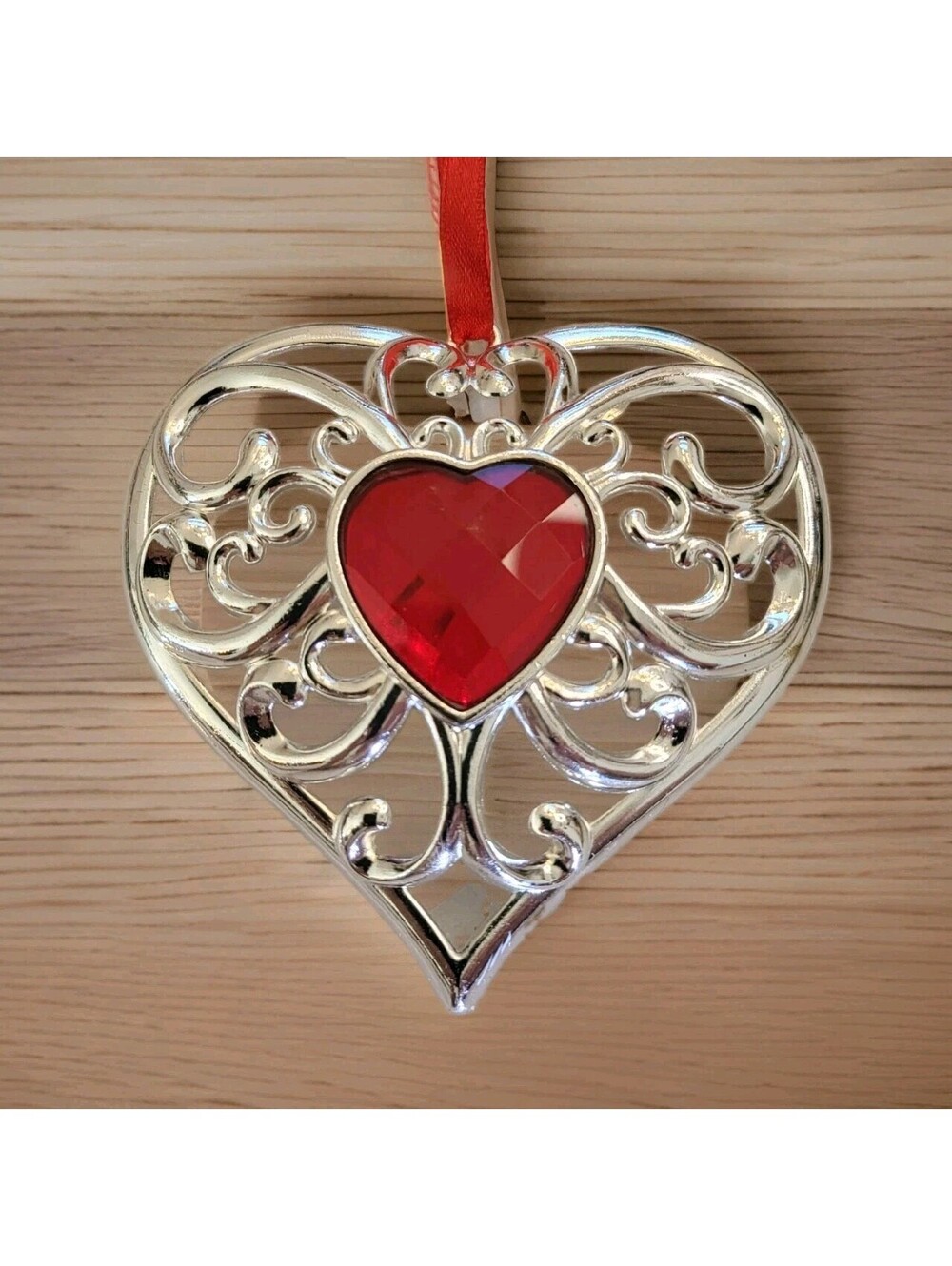 Vtg Lenox Metal Ornate Heart W Ruby Stone EUC Christmas Tree Ornament 3.5"H A64